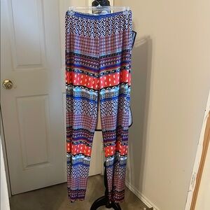 Sunny Leigh Red and Blue Casual Pants with Geometric Print